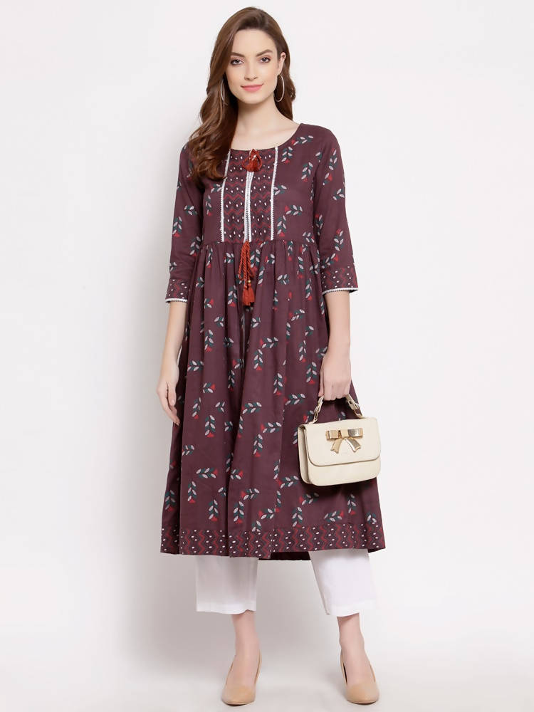 Myshka Women's Wine Cotton 3/4 Sleeve Round Neck Printed Casual Shrug | Grocsy