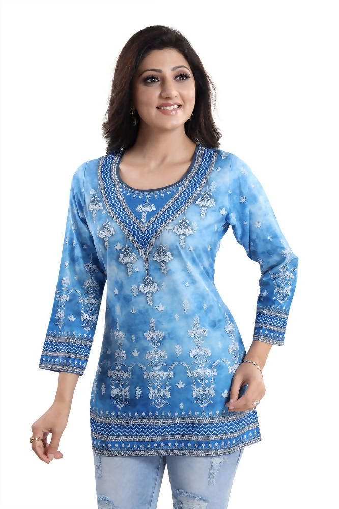 Snehal Creations Novelista Sky Blue Faux Crepe Printed Short Kurti Tunic | Grocsy
