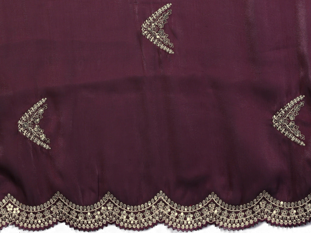 Vastranavya Wine Embroidery Work Shimmer Chiffon Saree with Unstitched Blouse | Grocsy