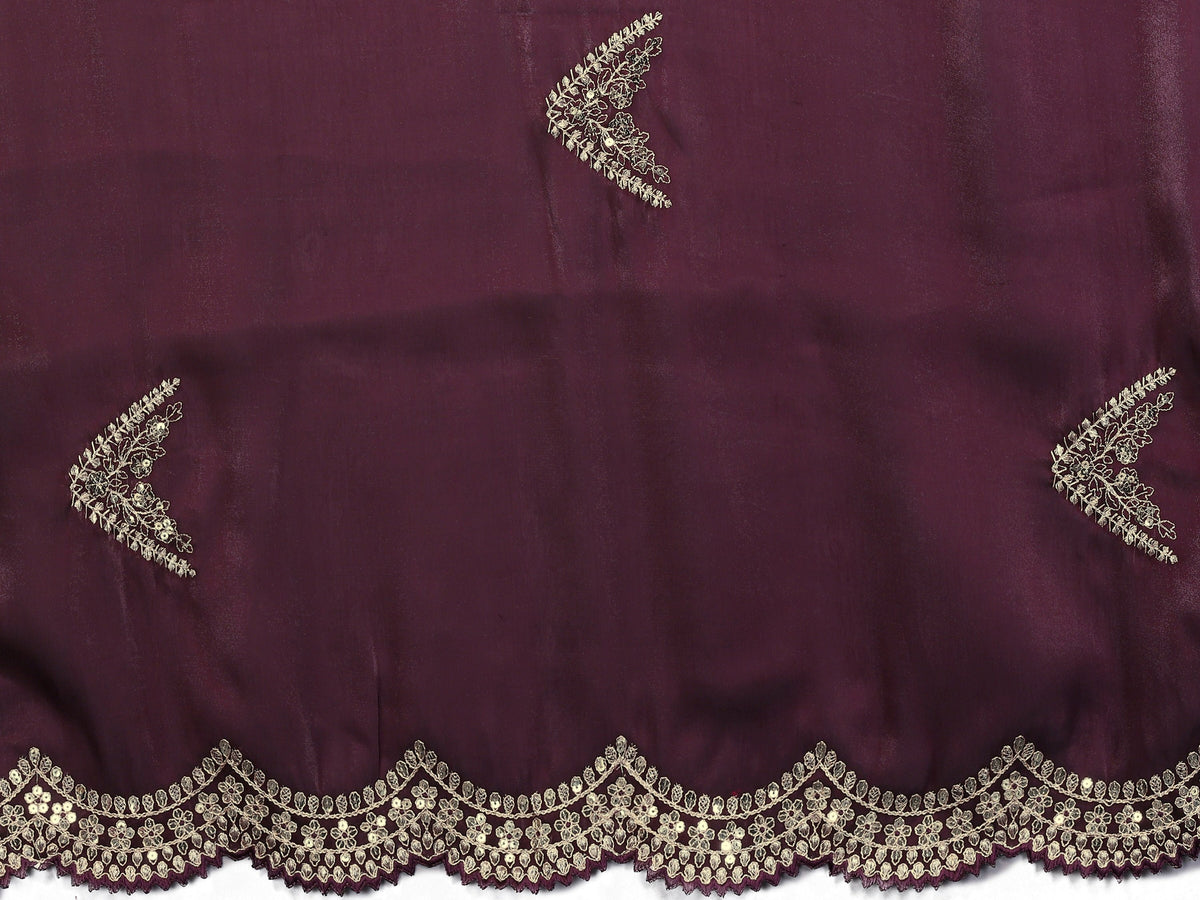 Vastranavya Wine Embroidery Work Shimmer Chiffon Saree with Unstitched Blouse | Grocsy
