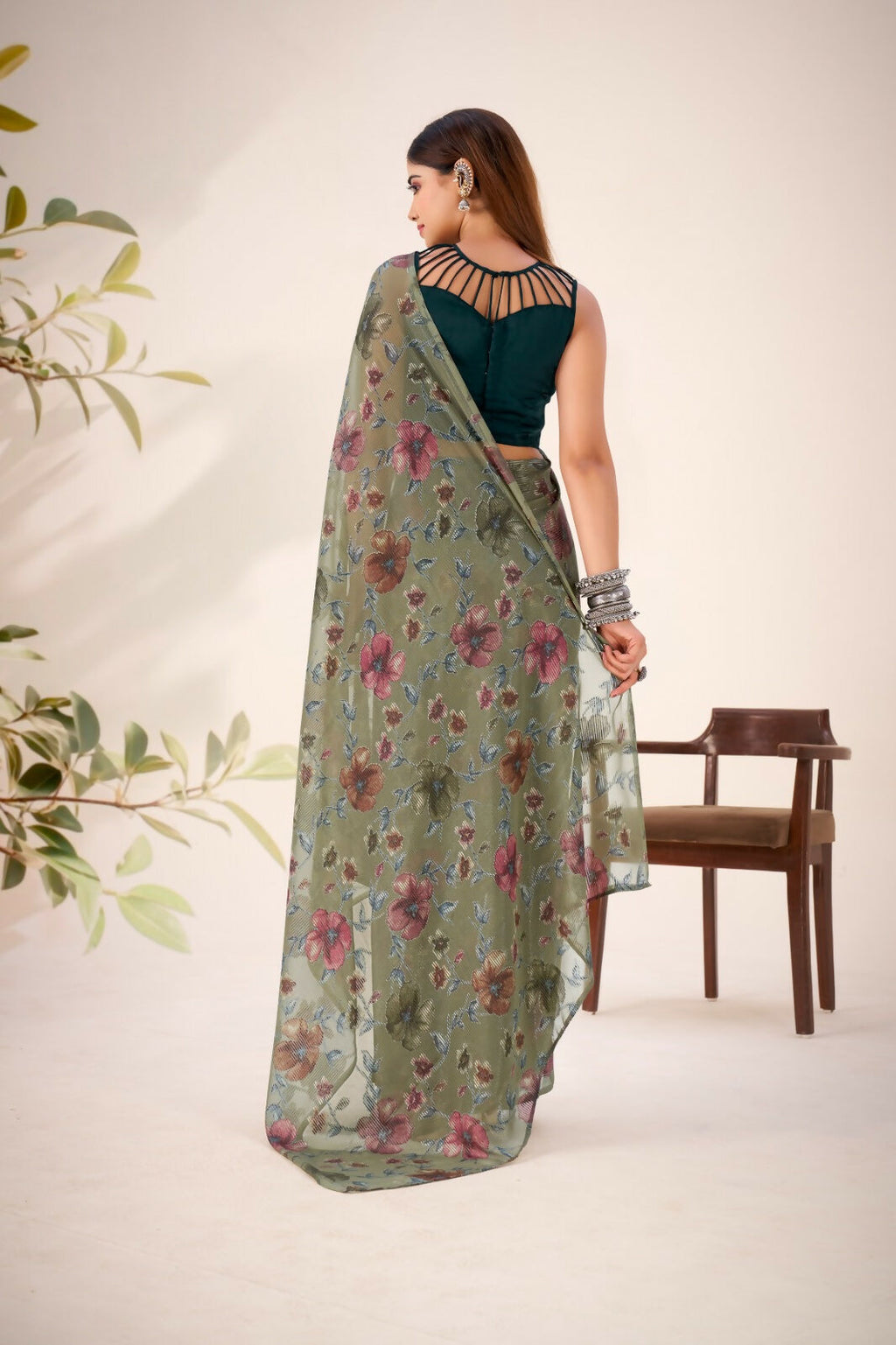 Vastranavya Mehendi Lurex Brasso Floral Printed Saree with Unstitched Blouse | Grocsy