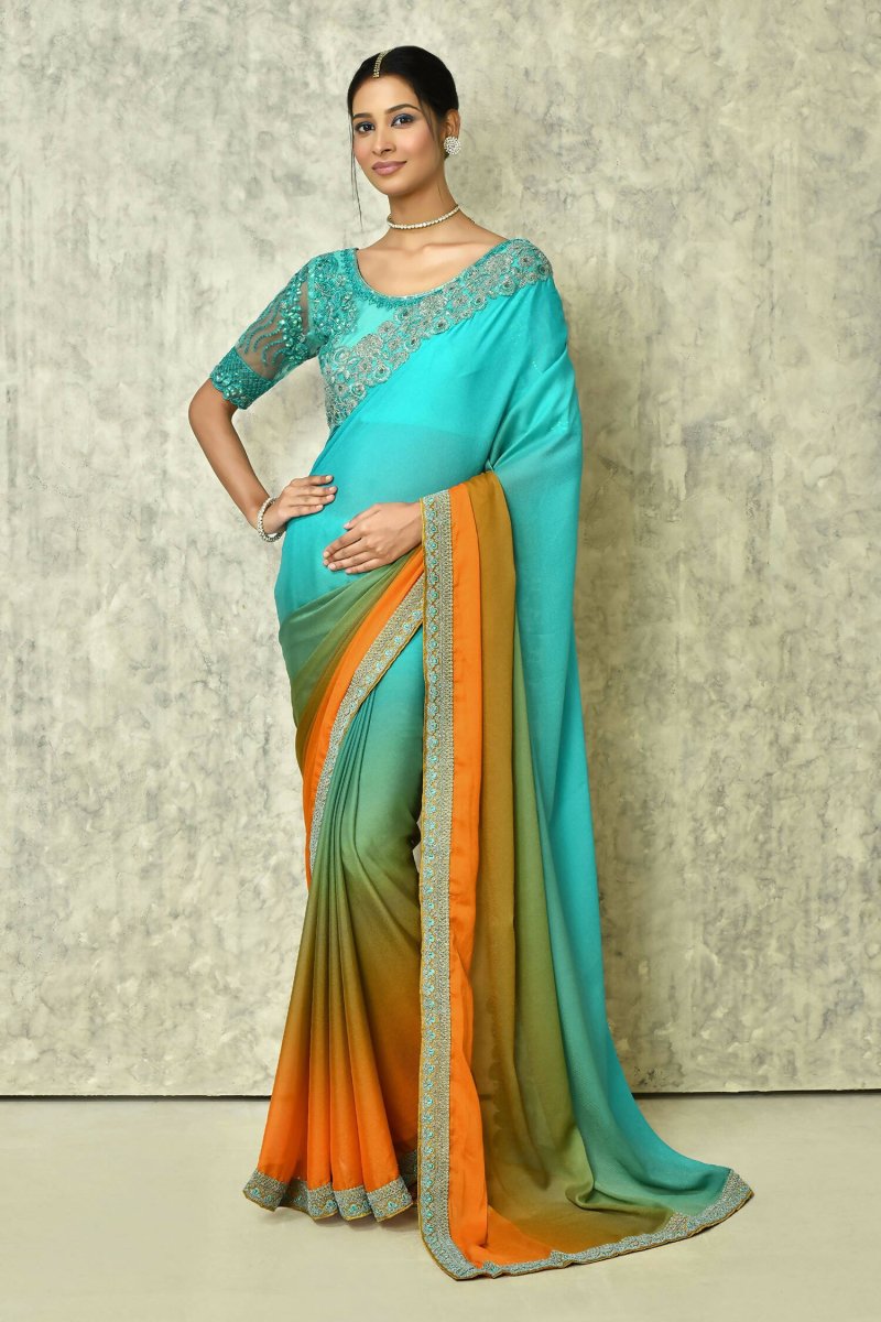 Aqua Blue Silk Plain Saree with Blouse Piece - Purvi | Grocsy