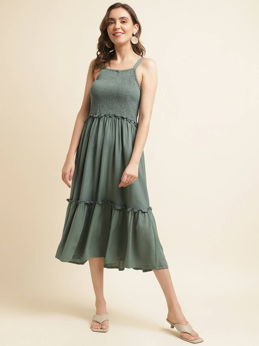 Green Cotton Solid Flared Dress with Printed Shrug - Yukti | Grocsy