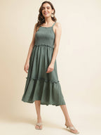 Green Cotton Solid Flared Dress with Printed Shrug - Yukti | Grocsy