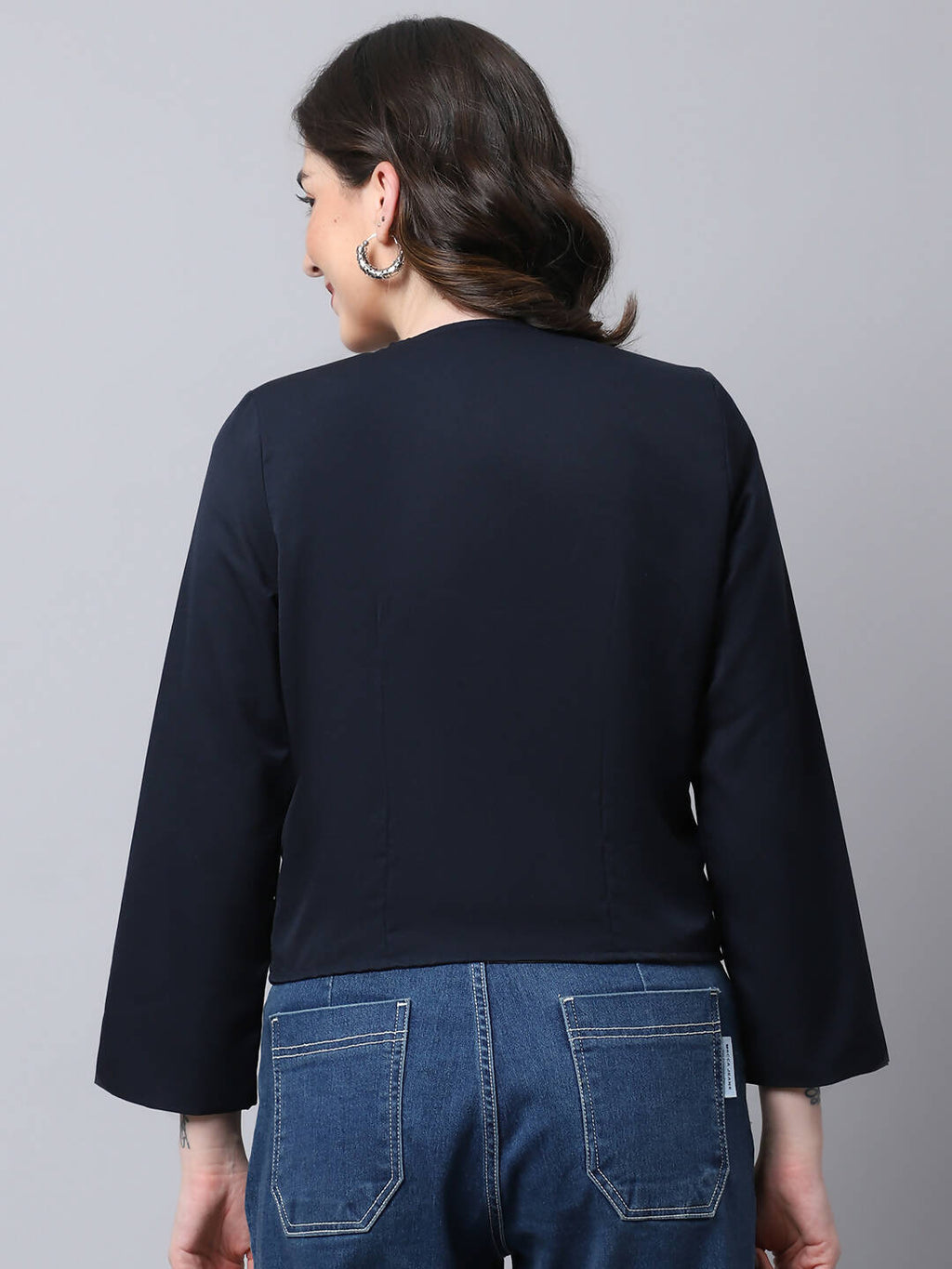 Even Apparels Navy Polywool Open Front Statement Women's Jacket | Grocsy