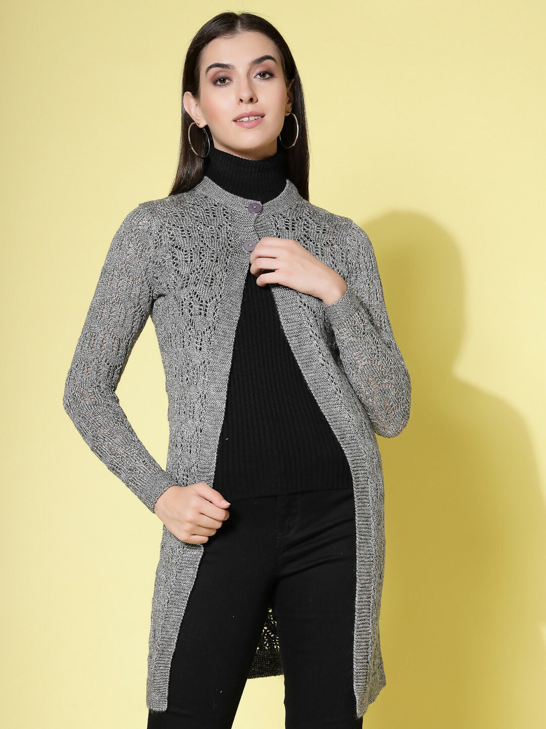 Women Self Design Long Grey Acrylic Winter Shrug - Wool Trees | Grocsy