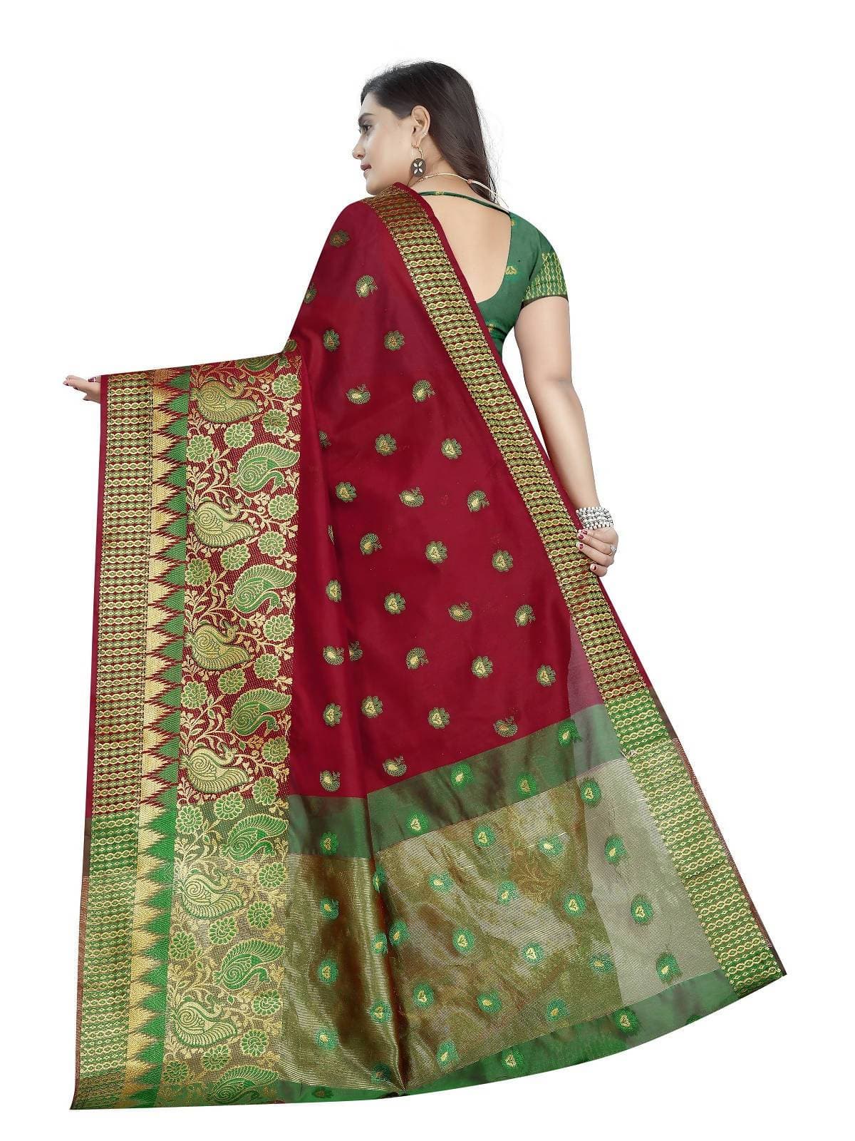 Vamika Banarasi Jaquard Red Weaving Saree With Green Blouse | Grocsy