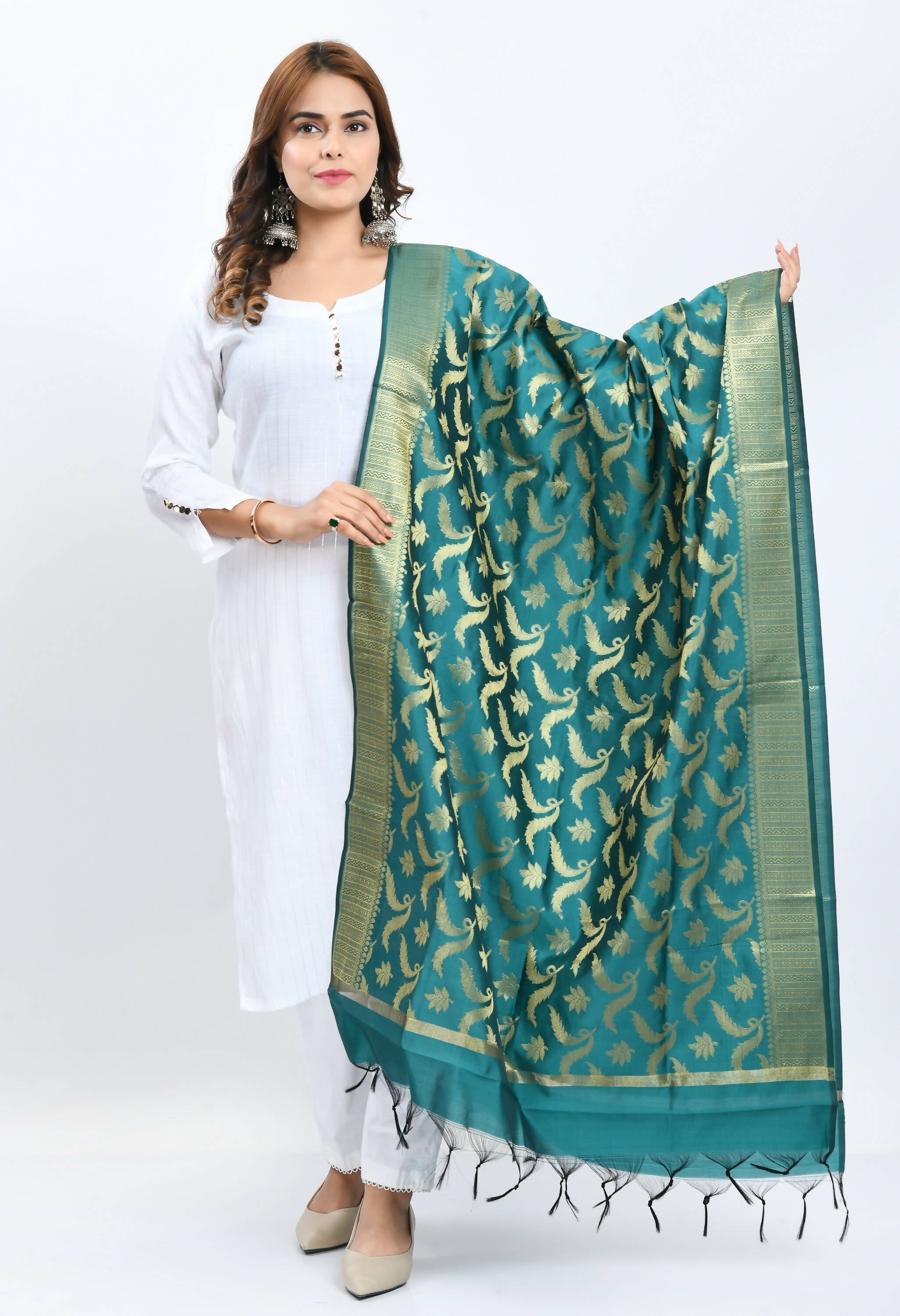 Mominos Fashion Moeza Women's Banarsi Silk Floral Woven Design Rama Green Dupatta | Grocsy