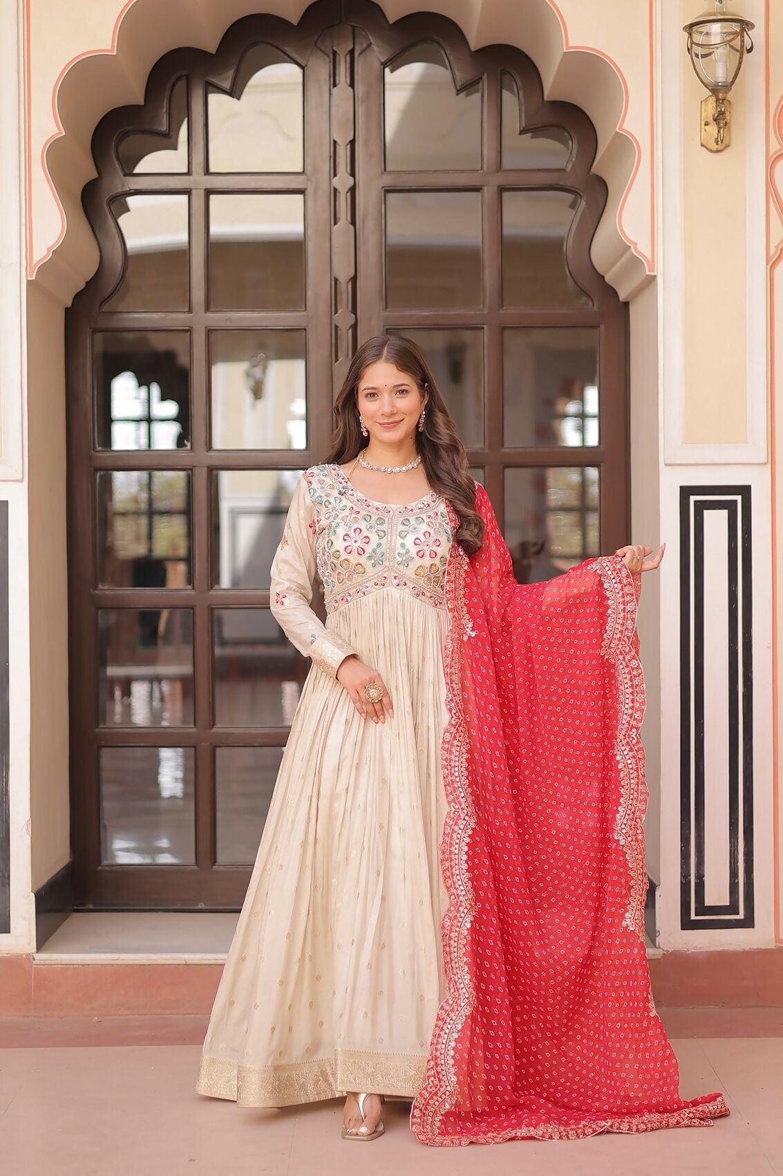 Joban Fashion Red Jacquard Sequence Embroidery Work Kurta Set | Grocsy