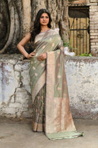 Joban Fashion Pea Green Pure Katan Pure Handloom Banarasi Silk Saree | Grocsy