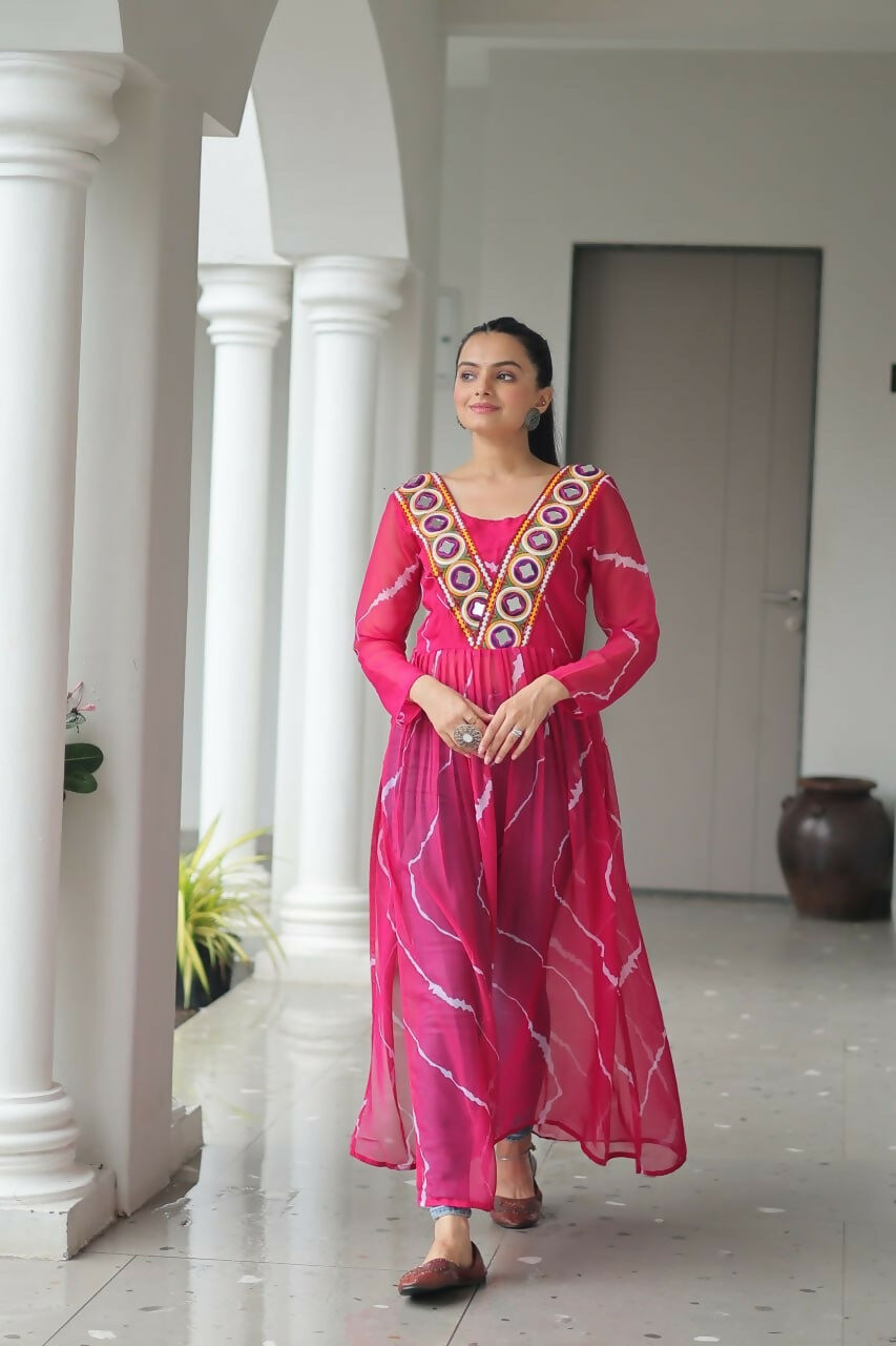 Vastranavya Pink Navratri Special Kutchi Patch Work with Leheriya Printed Kurti | Grocsy