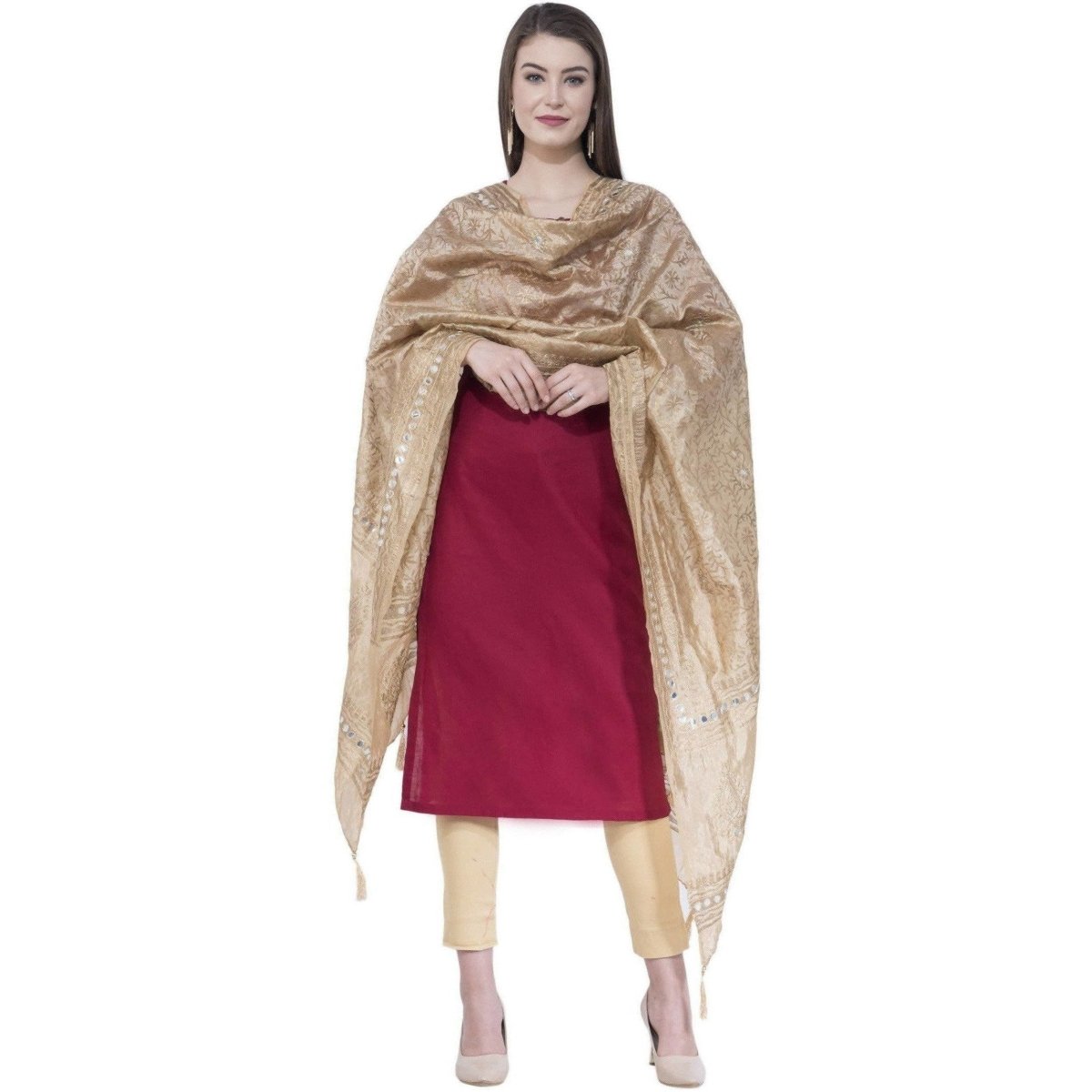 A R Silk Women's Embroidery With Gold Print Silk Golden Dupattas and Chunnis | Grocsy