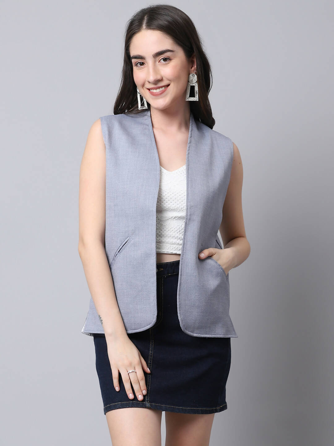 Even Apparels Grey Polyblend Open Front Women's Waistcoat | Grocsy