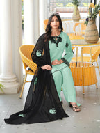 Nikhaar Light Green Embroidered Organza Stitched Straight Cut Kurta Farshi Salwar Dupatta Readymade Suit | Grocsy