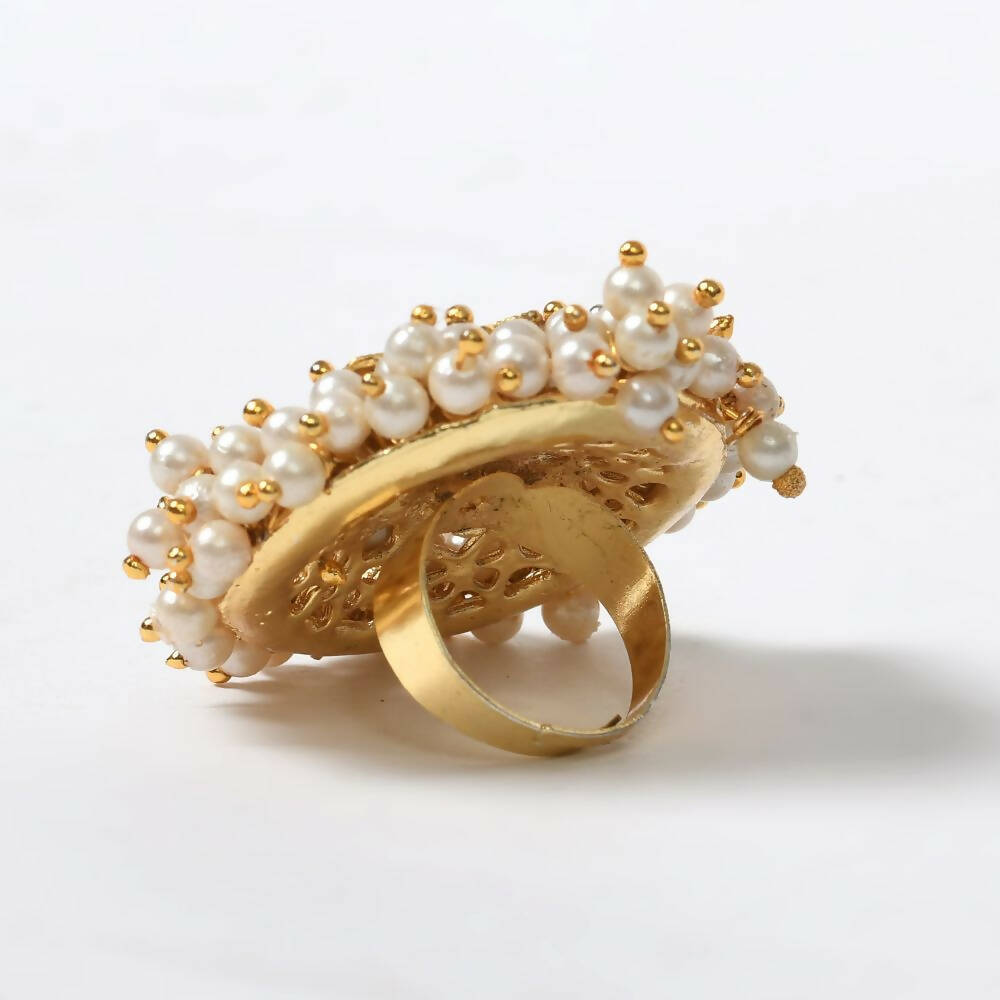 Mominos Fashion Joharkamal Gold-Polished with Pearls Adjustable Finger Ring | Grocsy