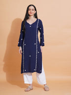 Pahnaz Luxury Rayon Chikankari Long Kurti-Blue | Grocsy