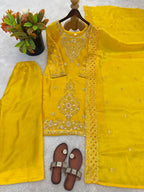 Teeya Creation Yellow Color Gimmychu Silk Embroidery Work Wedding Wear Salwar Suit | Grocsy