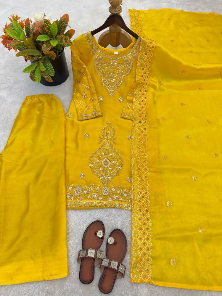 Teeya Creation Yellow Color Gimmychu Silk Embroidery Work Wedding Wear Salwar Suit | Grocsy