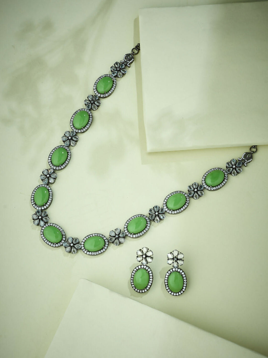 Nuyug Antique Silver Plated Crystal Studded Faux Jade Stones Embellished Necklace Set | Grocsy