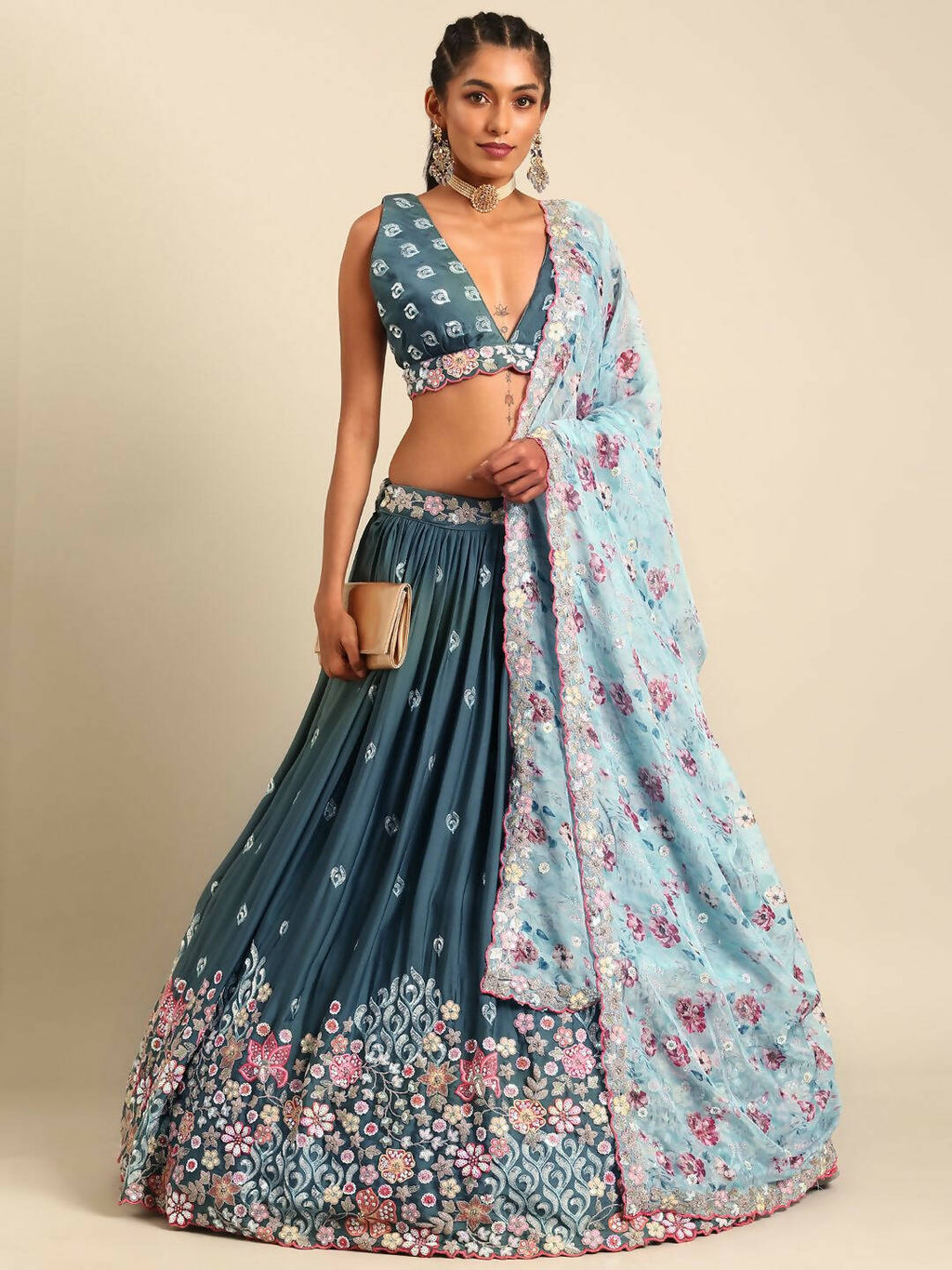 House of Panchhi Teal Blue Chinon Sequins embroidery Lehenga choli & Dupatta | Grocsy