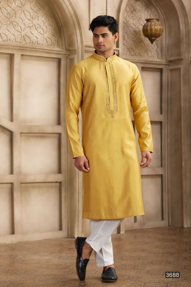 Raivat Ethnic Banarasi Art Silk Mirror Work Kurta Pajama In Rust Colour | Grocsy