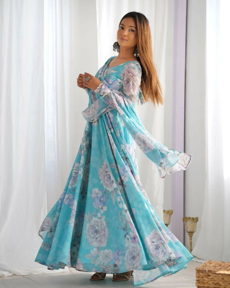 The52 Women's Gorgeous Printed Fox Georgette Fabric Flared Anarkali and Dupatta Set | Grocsy