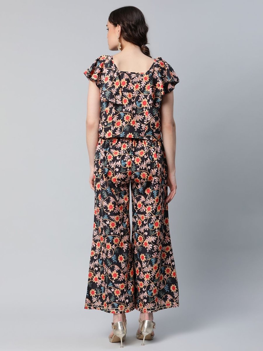 Ahalyaa Women Black Crepe Digital Print Top with Palazzo Set | Grocsy