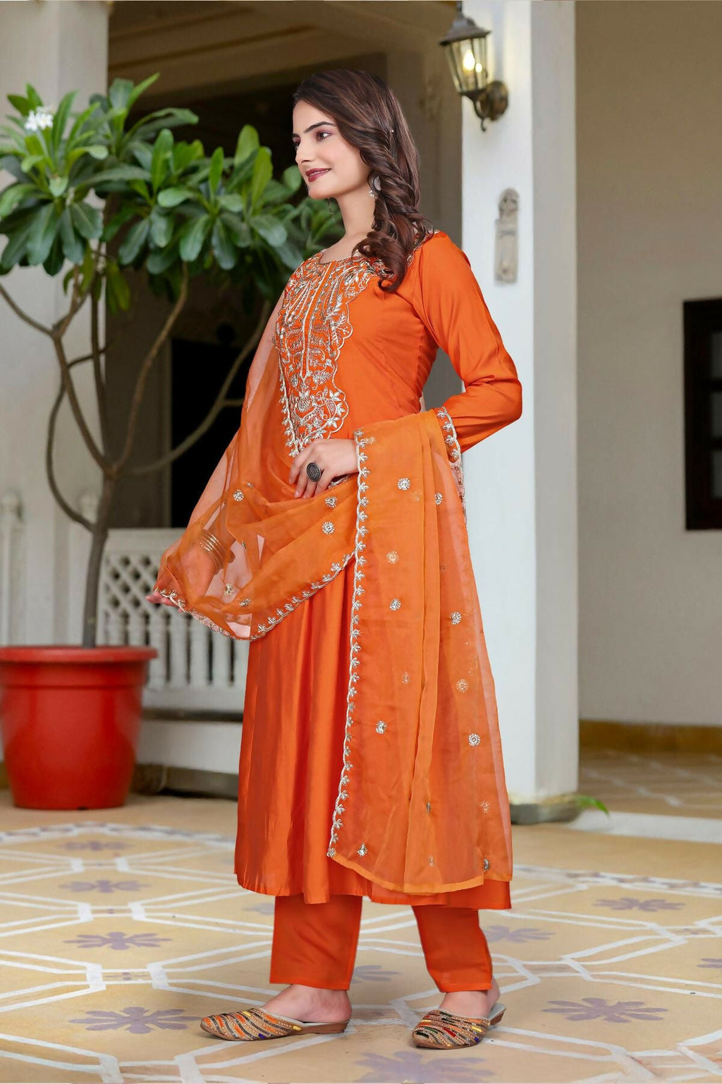 The52 Women's Beautiful Vichitra Fabric Embroidery Work Flared Anarkali Pant and Dupatta Set | Grocsy