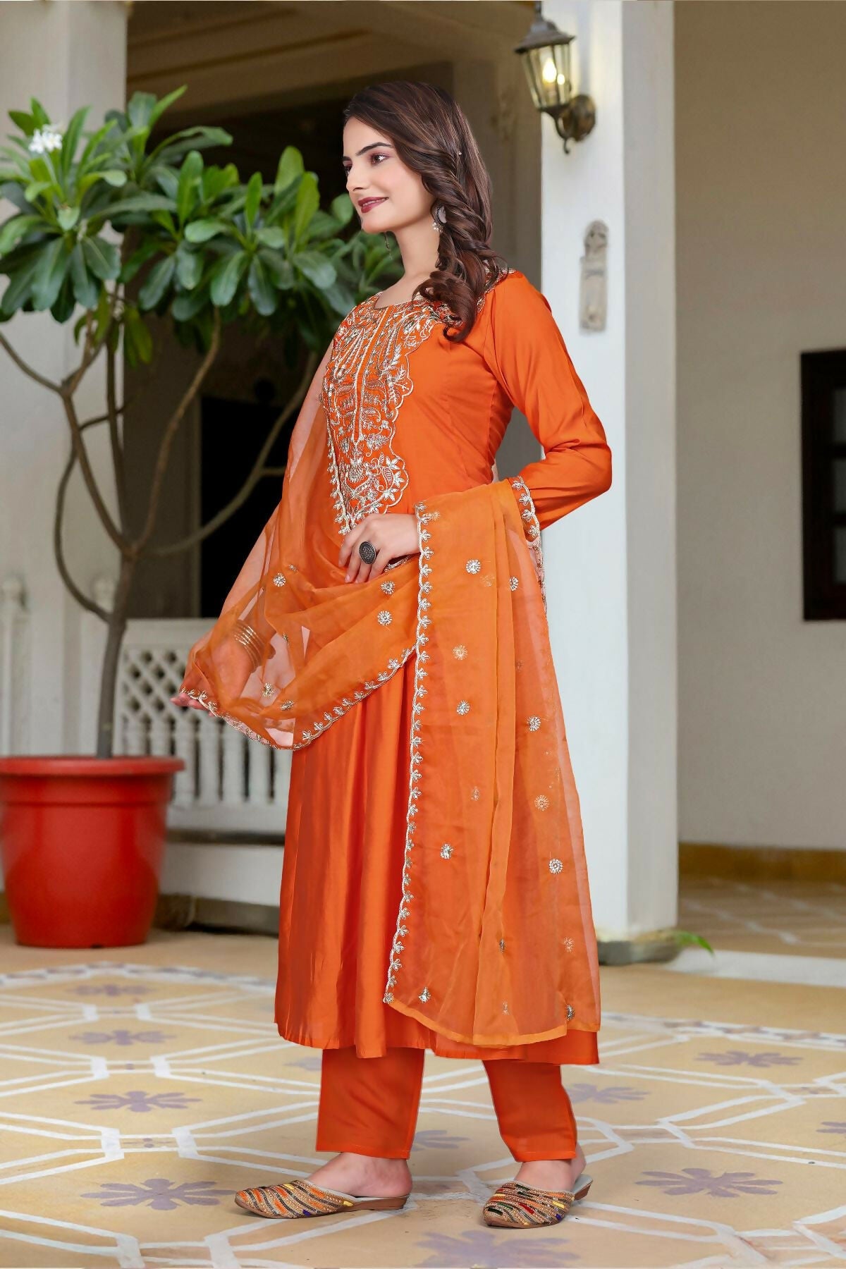 The52 Women's Beautiful Vichitra Fabric Embroidery Work Flared Anarkali Pant and Dupatta Set | Grocsy