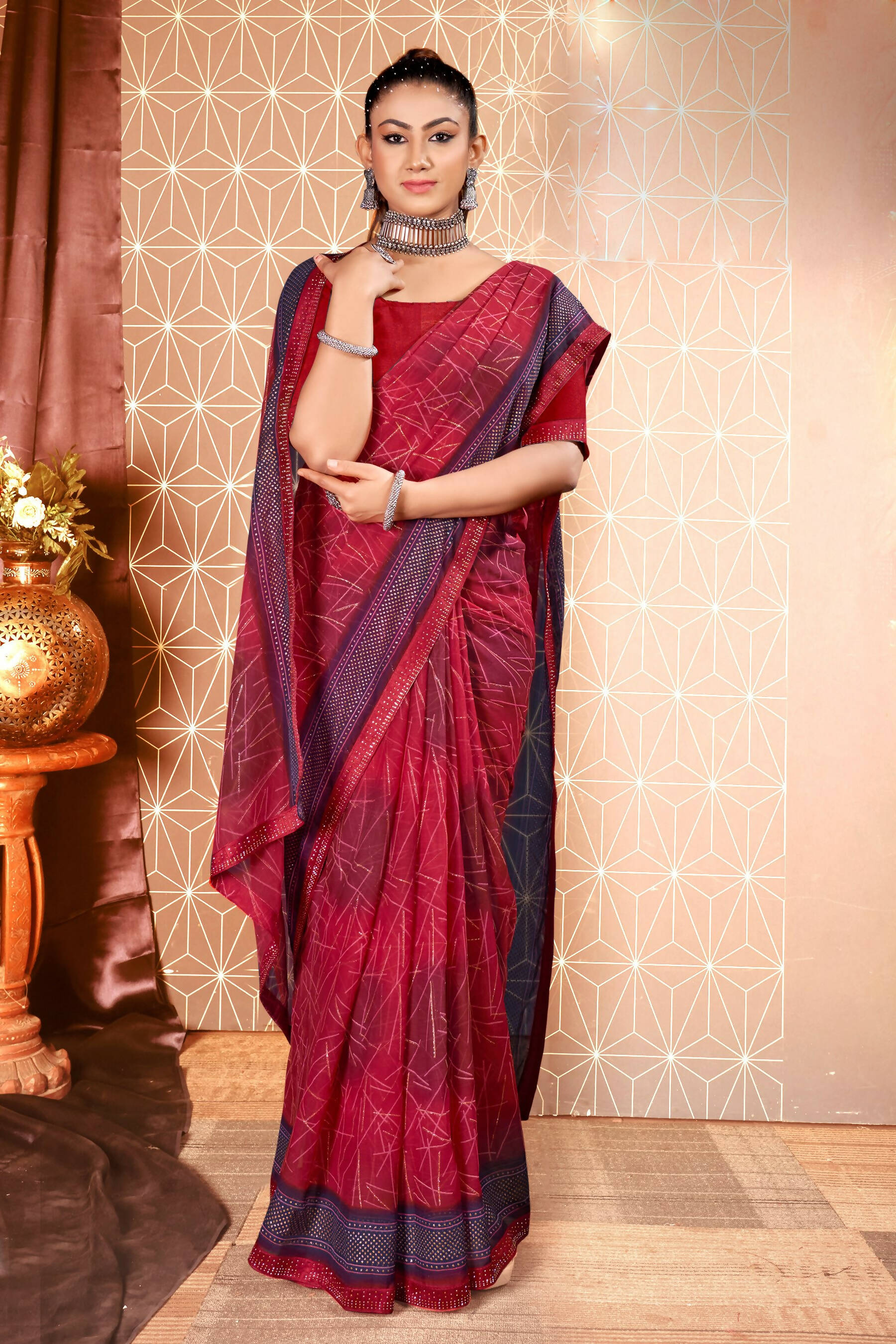 Maroon Chiffon Abstract Printed Saree With Unstitched Blouse Piece - Rajal | Grocsy