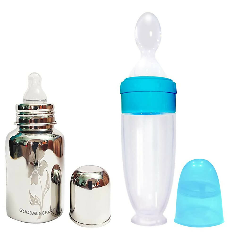 Goodmunchkins Stainless Steel Feeding Bottle for Baby Anti Colic Silicon Nipple Feeder 150 ml Combo Pack-Blue | Grocsy