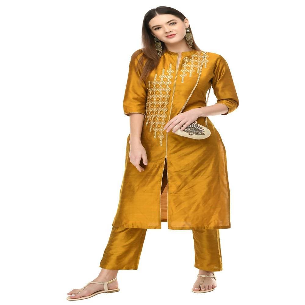 Lagi Women's Mustard Poly silk Straight Embroidred Kurta & Pant (RO115C) | Grocsy