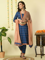 Myshka Women's Blue Pure Cotton Kurta & Trousers With Dupatta Party Sets | Grocsy