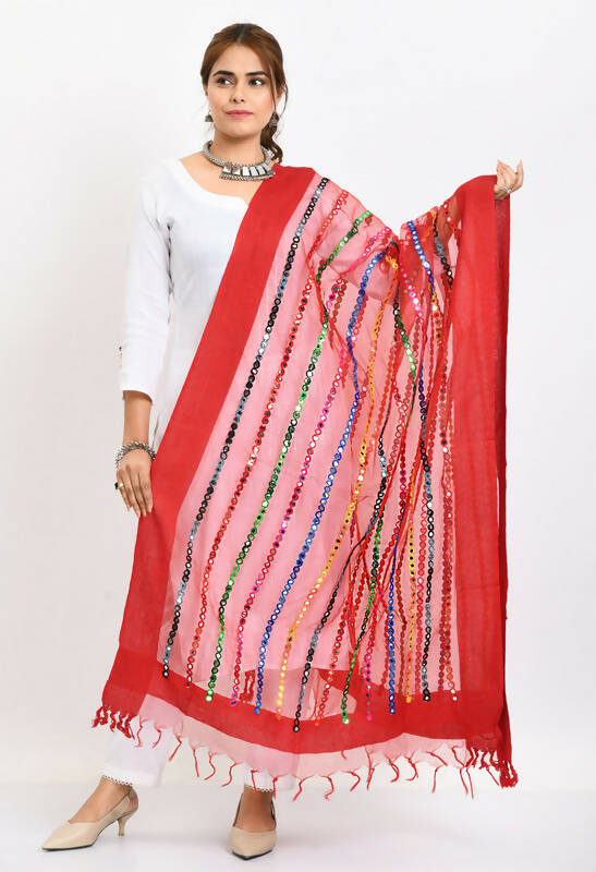 Mominos Fashion Moeza Women's Orgenza Multi Thread Mirror Work Red Dupatta | Grocsy