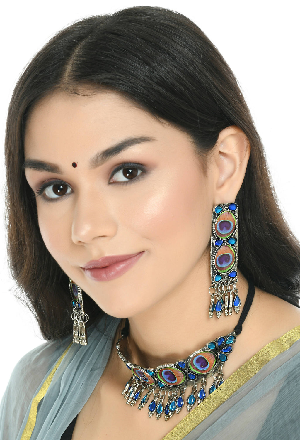 Mominos Fashion Johar Kamal Oxidised Silver-Plated Brass Finish Peacock Wings Choker For Women | Grocsy
