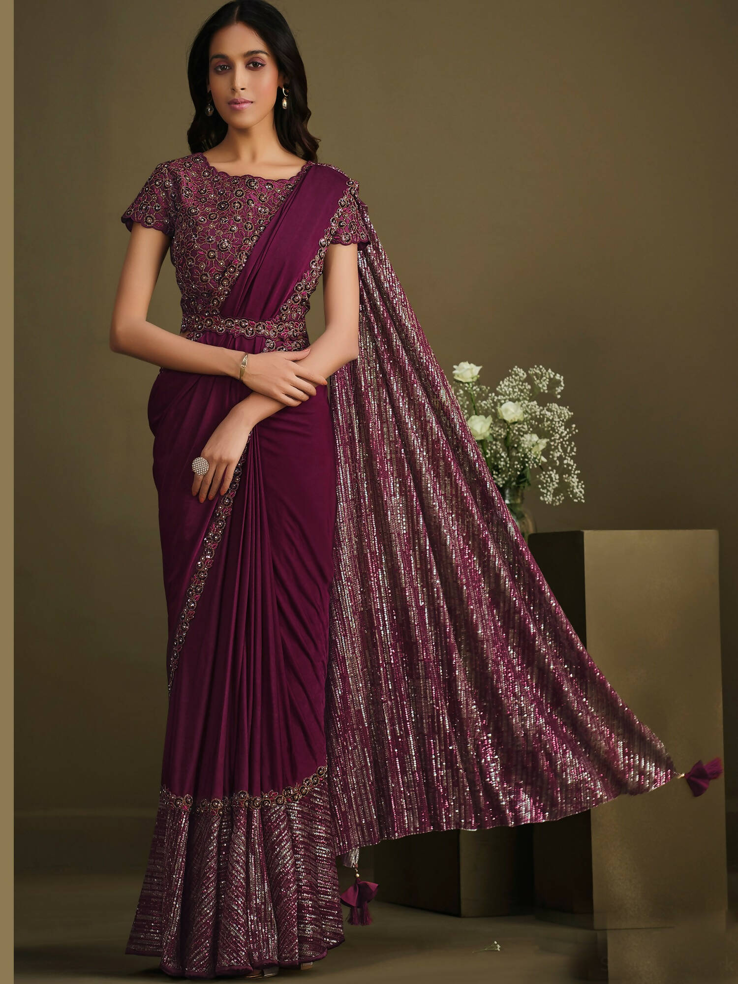 Maroon Crystal Silk Sequence Embroidered Saree With Stitched Blouse - Mohmanthan La Belle | Grocsy