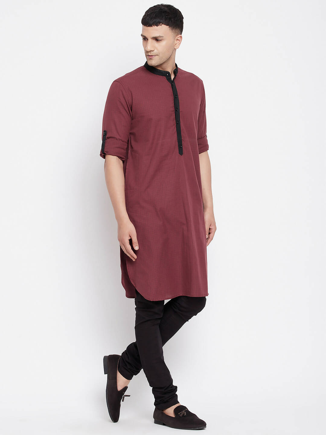 Even Apparels Maroon Pure Cotton Men's Kurta With Contrast Collar And Placket | Grocsy