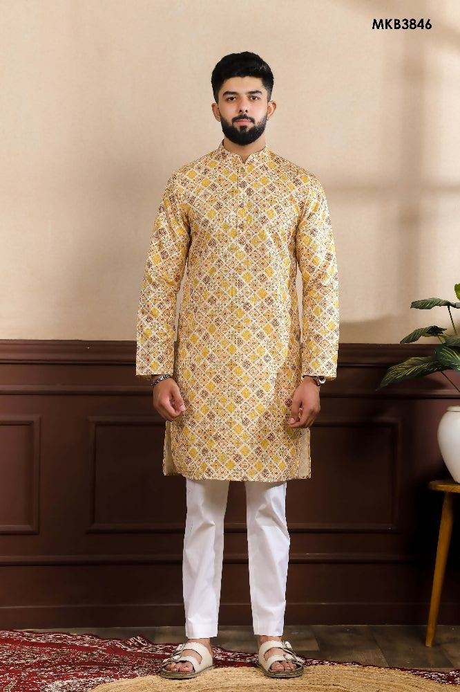 Mustard Art Silk Digital Printed, Embroidery Work Kurta Set - Mahotsav | Grocsy