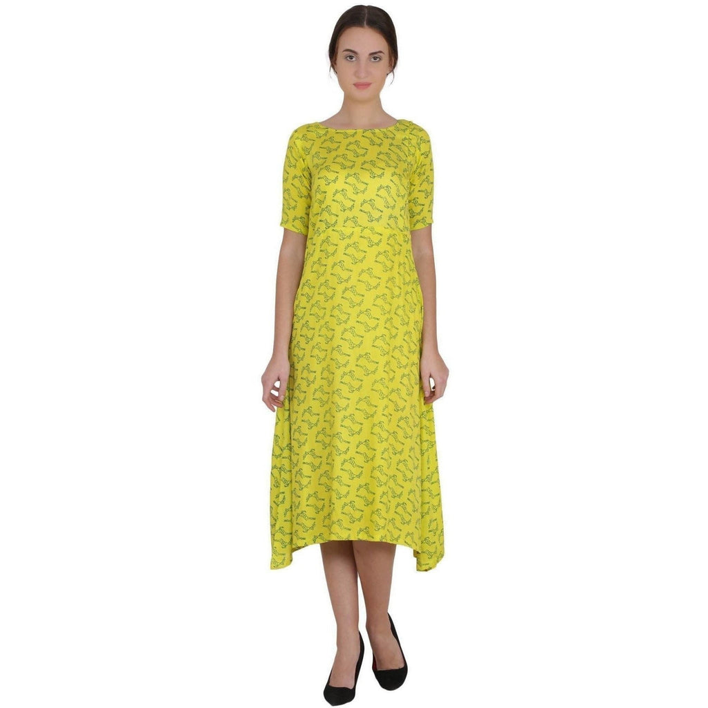 Kanoor Women's Yellow Rayon A-line kurti | Grocsy