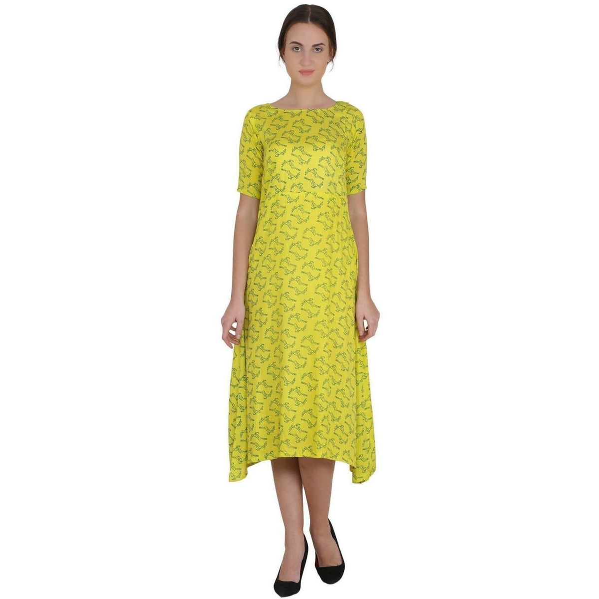 Kanoor Women's Yellow Rayon A-line kurti | Grocsy