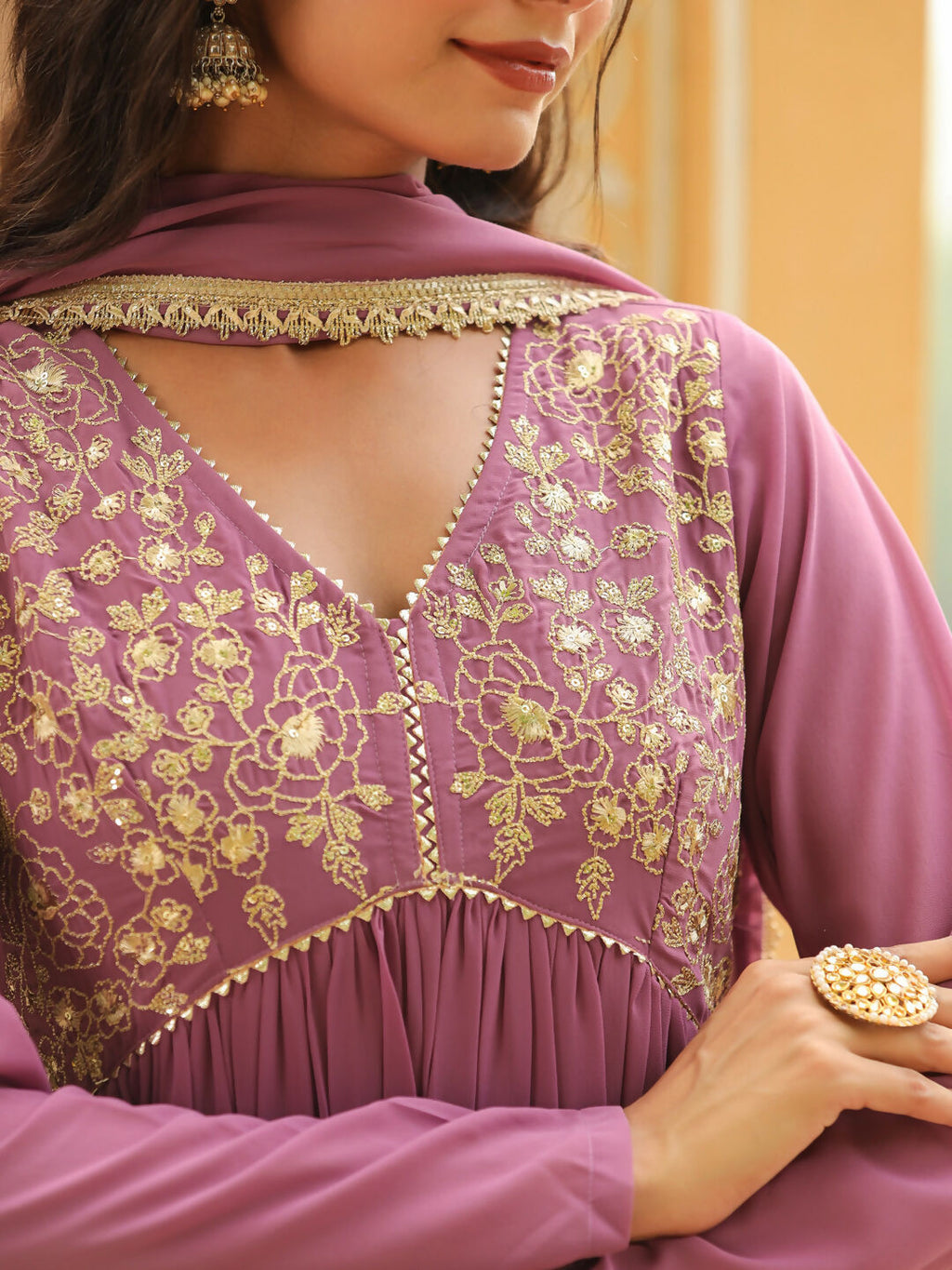 Janasya Lavender Georgette Yoke Embroidery Kurta,Bottom & Dupatta | Grocsy