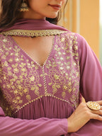 Janasya Lavender Georgette Yoke Embroidery Kurta,Bottom & Dupatta | Grocsy