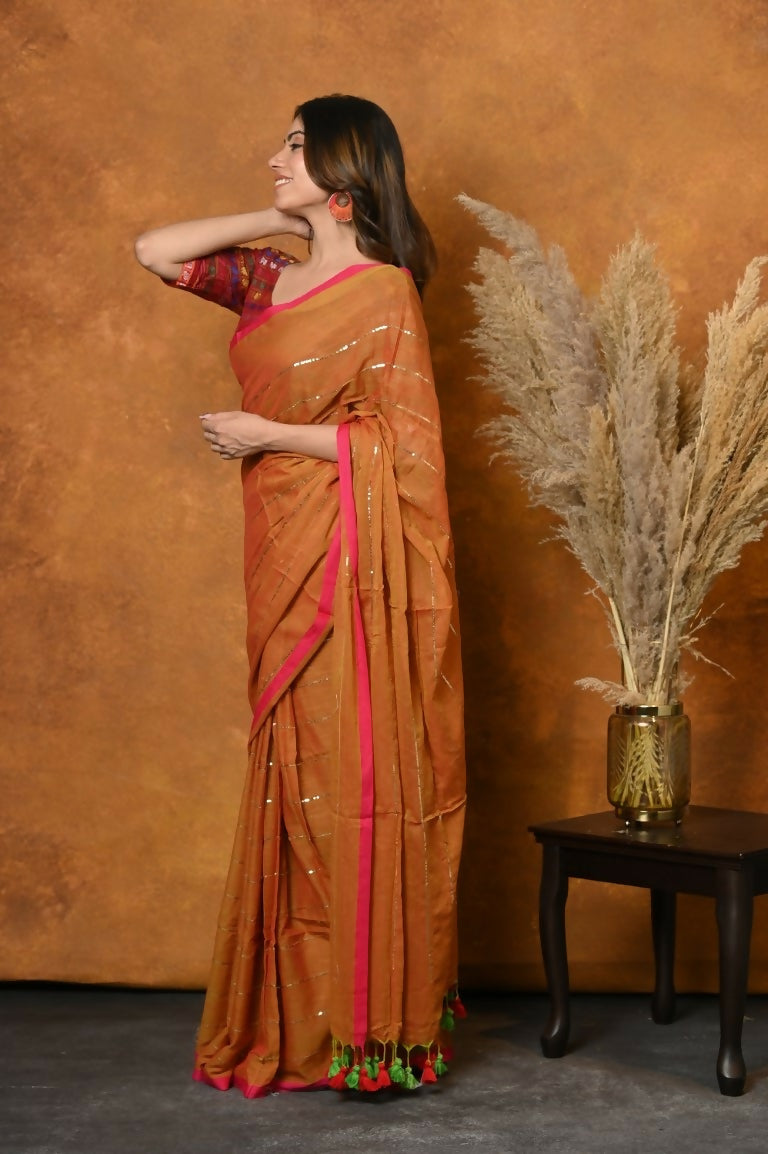 Very Much Indian Designer Mul Cotton Handloom Saree with Sequins - Orange | Grocsy