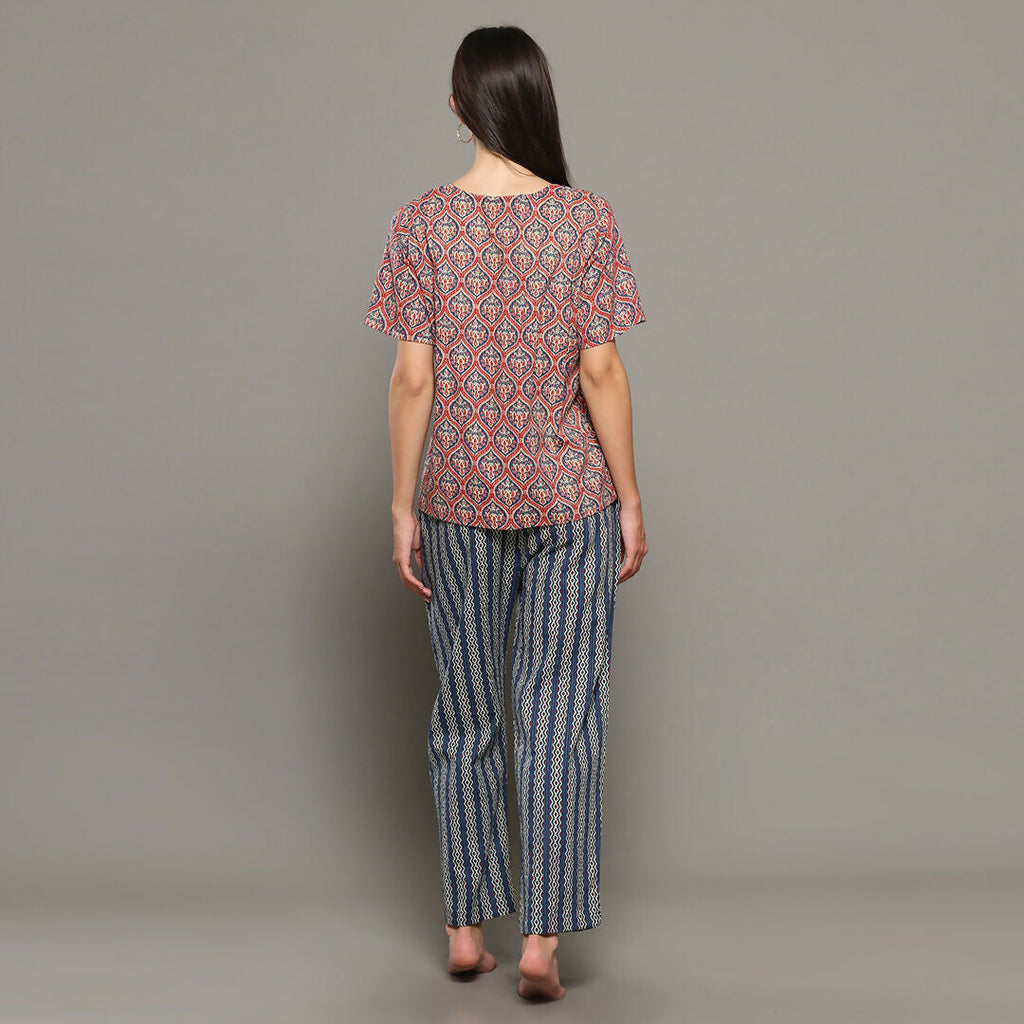 Breathables Women Cotton Printed Loungewear Kurta And Pants Co-Ord Set Pink & Navy I Nightwear | Grocsy