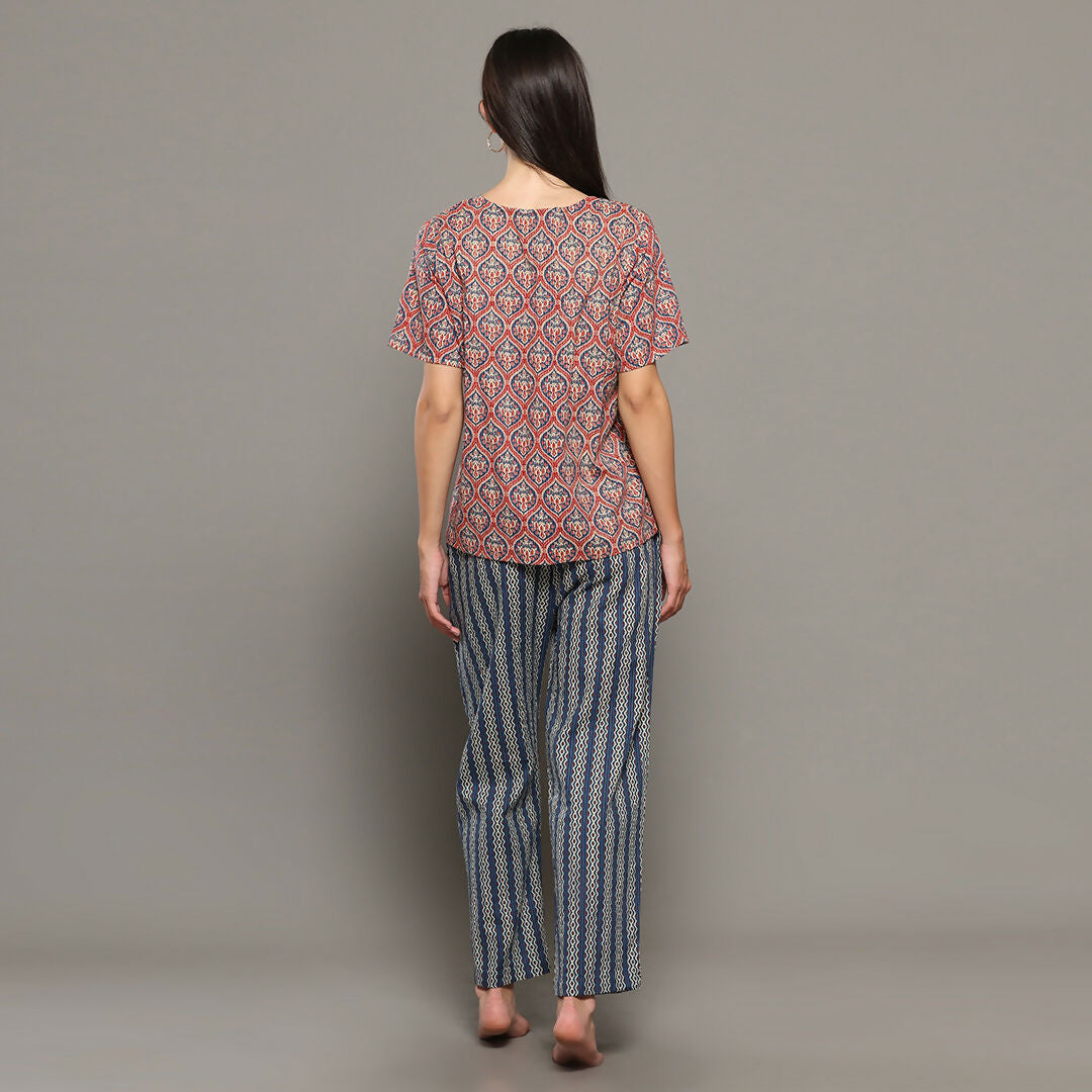 Breathables Women Cotton Printed Loungewear Kurta And Pants Co-Ord Set Pink & Navy I Nightwear | Grocsy