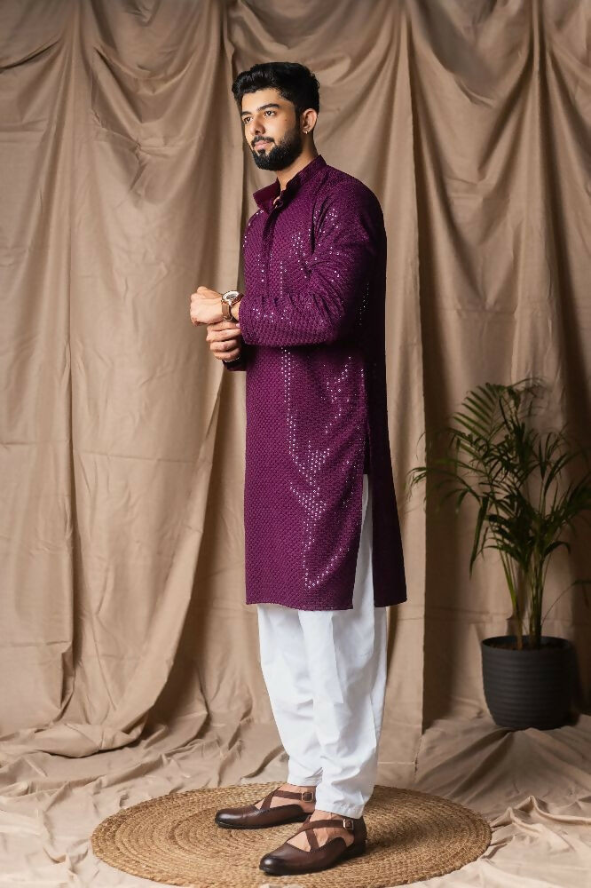 Wine Rayon Thread Embroidery Work Kurta Set - Mahotsav | Grocsy