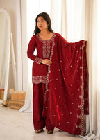 Teeya Creation Deep Red Silk Embroidered Kurta Salwar Suit Set With Scalloped Dupatta | Grocsy
