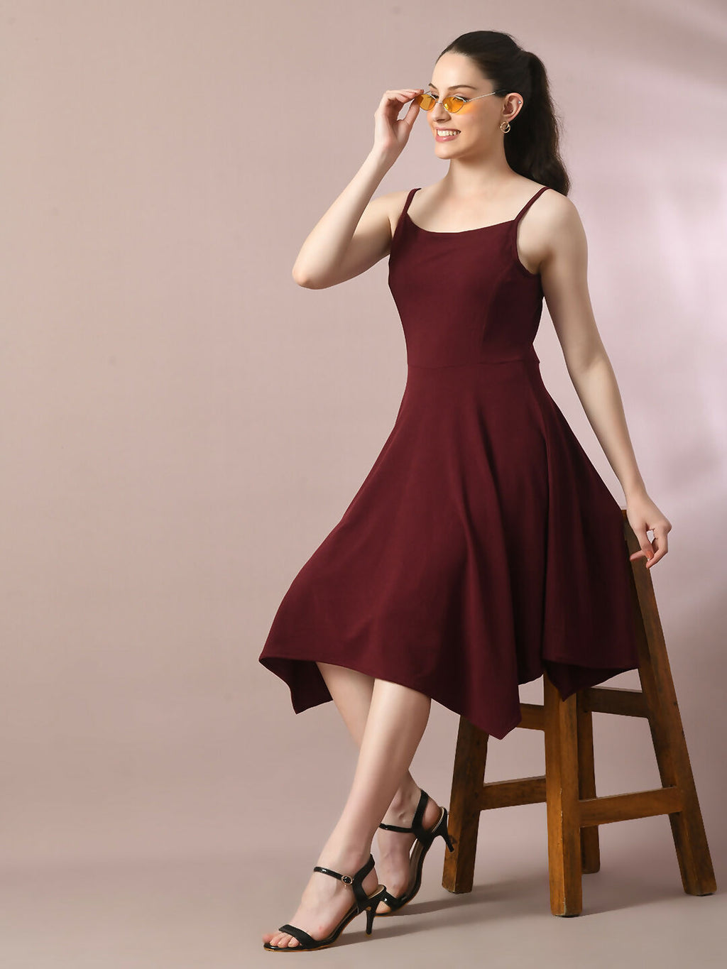 Myshka Women's Maroon Solid Shoulder Straps Fit and Flare Party Dress | Grocsy