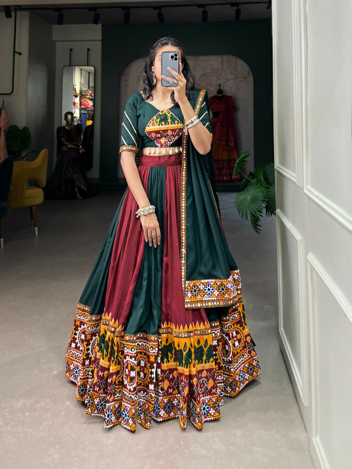 Vastranavya Navaratri Special Rayon with Printed Patch With Gota Patti And Paper Mirror Work And Cowrie (Kodi) Lace Touch Up Lehenga with Stitched Blouse - Green | Grocsy