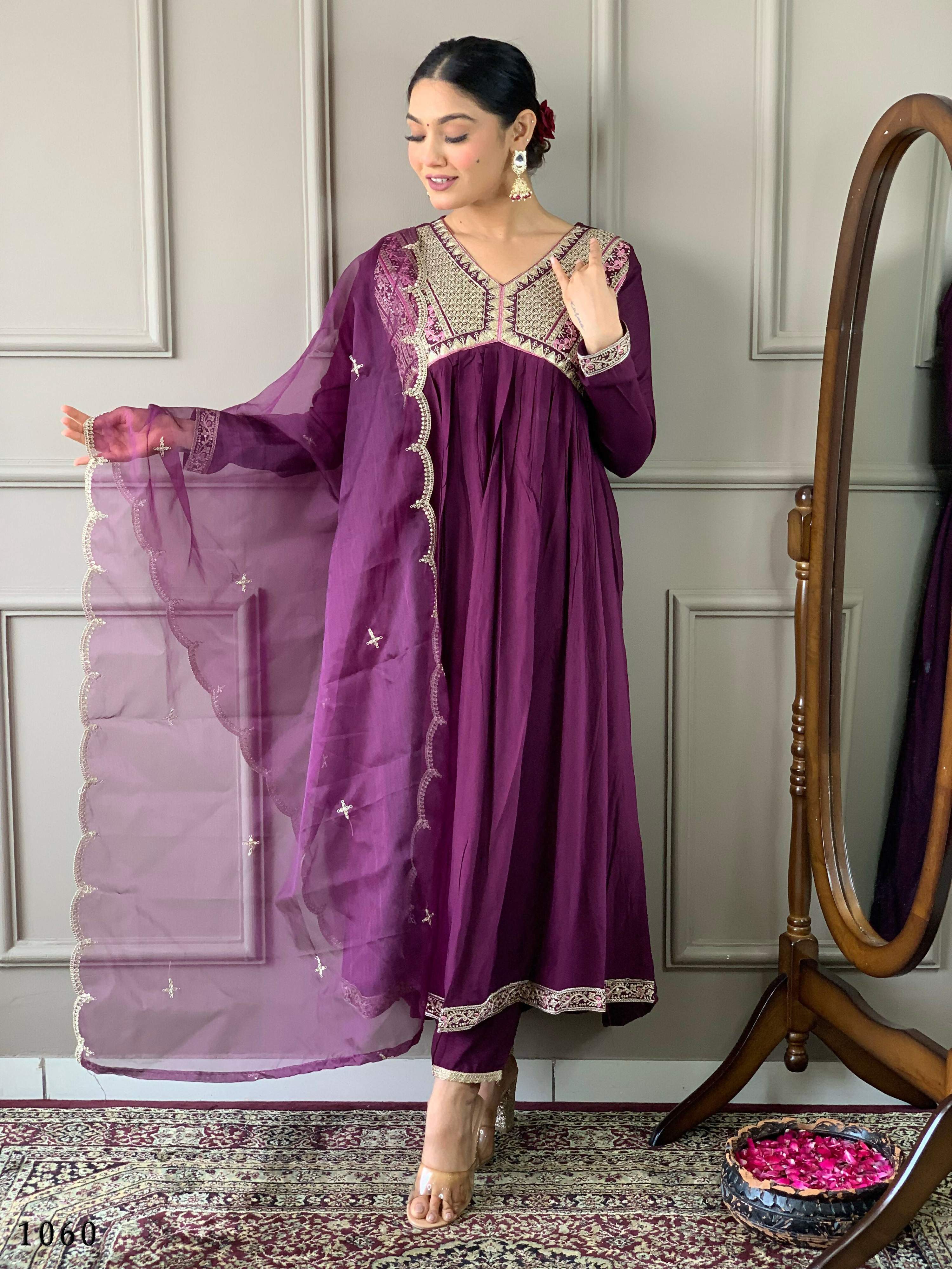 Partywear Designer Viscose Wine Stitched Suit With Dupatta - Tanisha | Grocsy